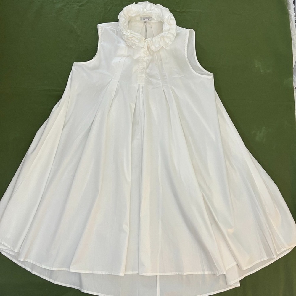 Style White Ruffle Neck Mini Swing Dress Sz M Romantic Bridal Shower - Picture 3 of 9